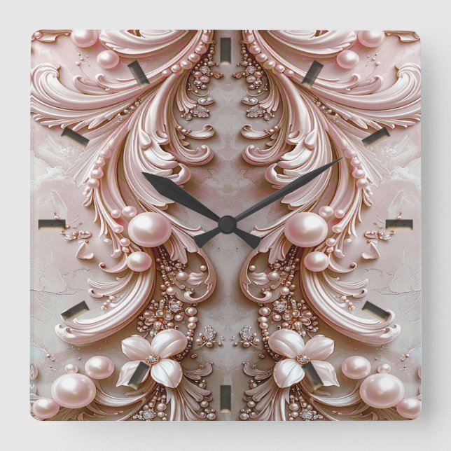 Reloj Cuadrado Pink Ornate Pearl and Floral Wall Clock (Anverso)