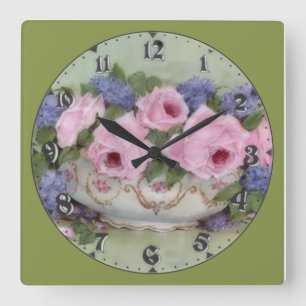 Reloj Cuadrado Pink Roses and Blue Flowers