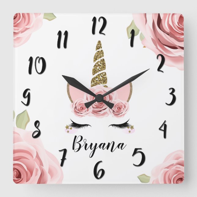 Reloj Cuadrado Pink Roses Gold Purpurina unicornio a la moda (Anverso)