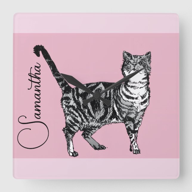 Reloj Cuadrado Pink Tabby Cat Cats Pink Girls Name Nursery (Anverso)