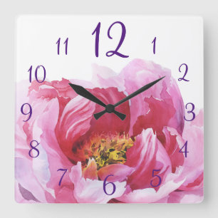 Reloj Cuadrado Pink Watercolor Peony Square Clock