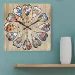 Reloj Cuadrado Pino de fotos en forma de corazón de 12<br><div class="desc">Crea tu propio reloj multifotográfico para contar tu historia - el centro del reloj está marcado con "Érase una vez" en tipografía escrita a mano. Utilice la plantilla de fotos para añadir 12 de sus fotos favoritas, que se mostrarán en marcos con forma de corazón. El diseño utiliza fotos verticales...</div>