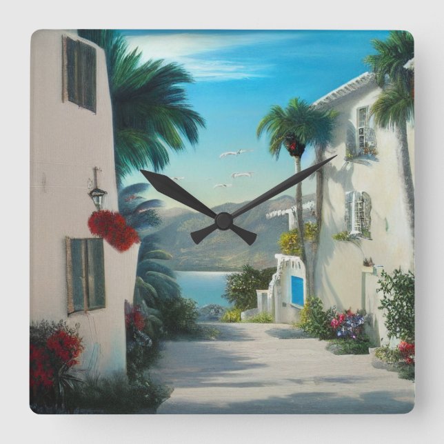 Reloj Cuadrado Pintado de paisajes urbanos costeros (Anverso)