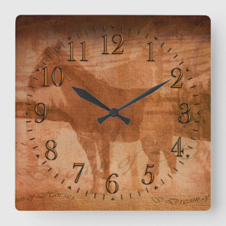 Reloj Cuadrado Pintado rústico de caballos, arte equino para los