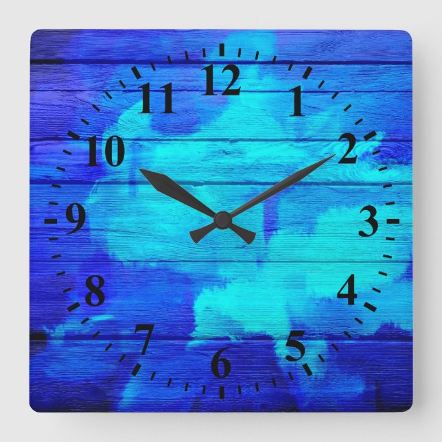 Reloj Cuadrado Pintura abstracta de madera azul (Anverso)