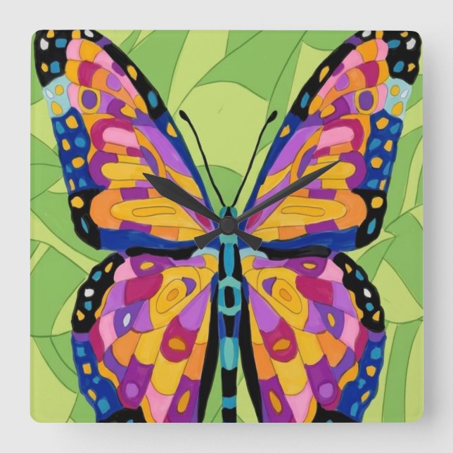 Reloj Cuadrado Pintura abstracta de mariposa  (Anverso)