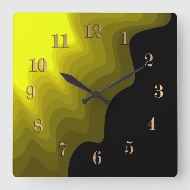 Reloj Cuadrado Pintura abstracta de patrones en negro y amarillo (Anverso)