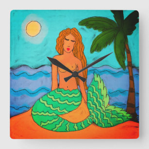 Reloj Cuadrado Pintura abstracta de sirenas y palmeras
