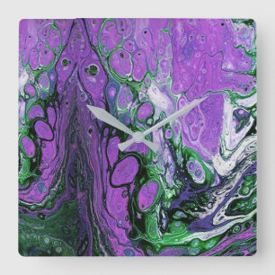 Reloj Cuadrado Pintura abstracta púrpura y verde
