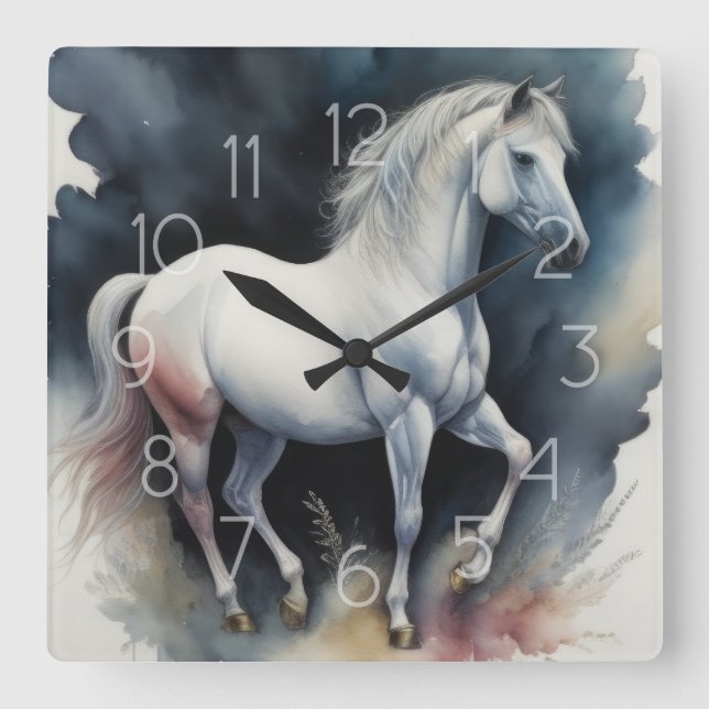 Reloj Cuadrado Pintura acuarela de caballo (Anverso)