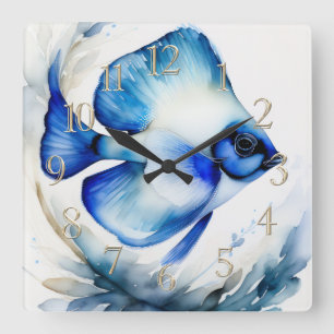 Reloj Cuadrado Pintura acuarela de peces azules