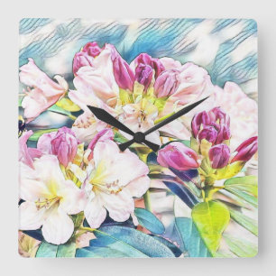 Reloj Cuadrado Pintura acuarela de una zona rosa y blanca