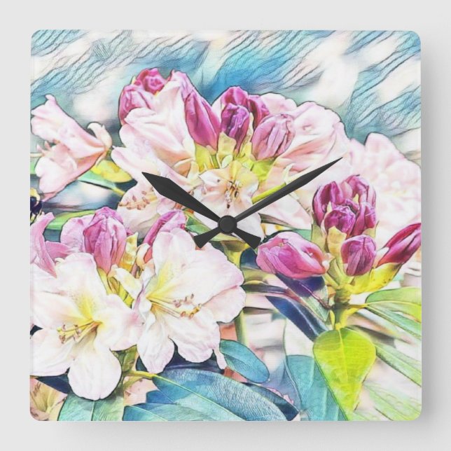 Reloj Cuadrado Pintura acuarela de una zona rosa y blanca (Anverso)