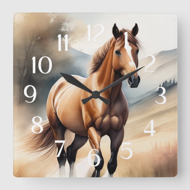 Reloj Cuadrado Pintura al acuarela de caballo (Anverso)