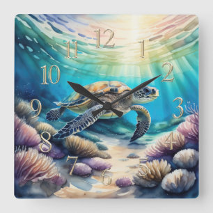 Reloj Cuadrado Pintura al Acuarela de Tortuga Marina XIII