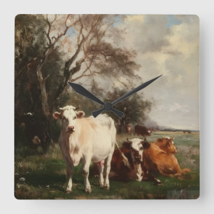 Reloj Cuadrado Pintura al óleo pastoral vintage vacas en prado gr