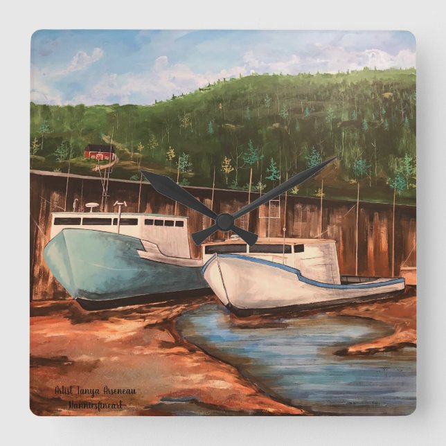 Reloj Cuadrado Pintura artesanal original de la aldea pesquera (Anverso)