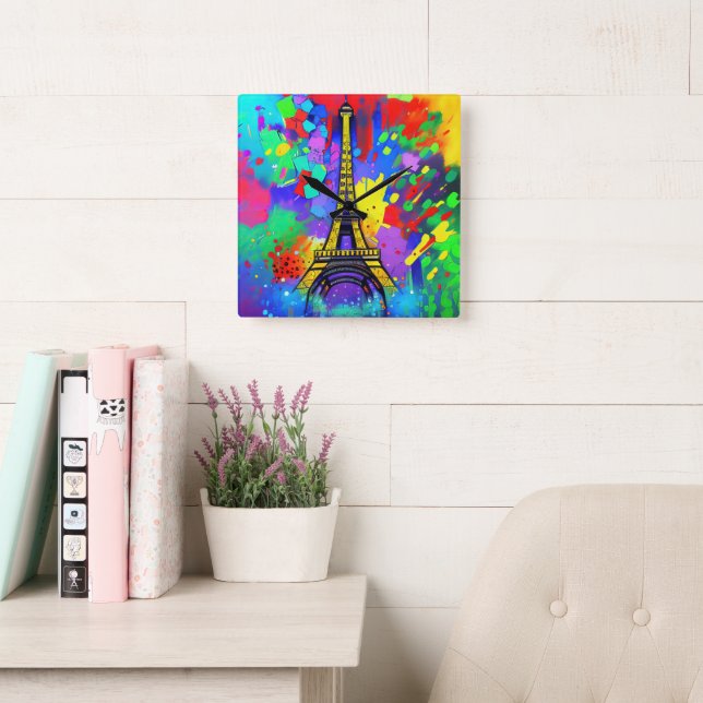 Reloj Cuadrado Pintura colorida de Eiffel (Sala de lectura)
