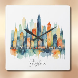Reloj Cuadrado Pintura con Acuarela Silueta de Ciudad Moderna Grá
