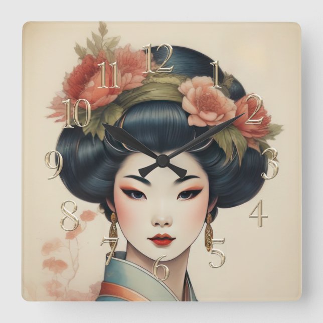 Reloj Cuadrado Pintura de acuarela de hermosas flores asiáticas (Anverso)