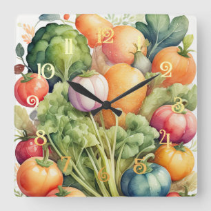Reloj Cuadrado Pintura de acuarela de verduras variadas