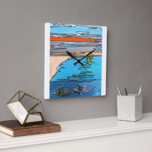 Reloj Cuadrado Pintura de amanecer en el océano de 8 bits por Alf