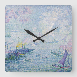Reloj Cuadrado Pintura de arte fino puerto marítimo barcos puente