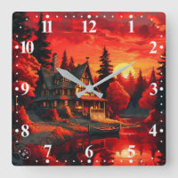 Pintura de atardecer con cabaña y lago-66633