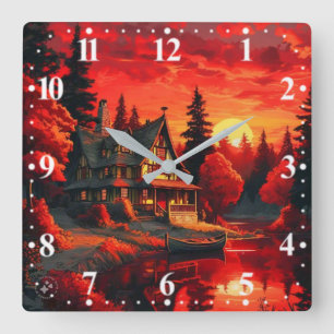 Reloj Cuadrado Pintura de atardecer con cabaña y lago-66633