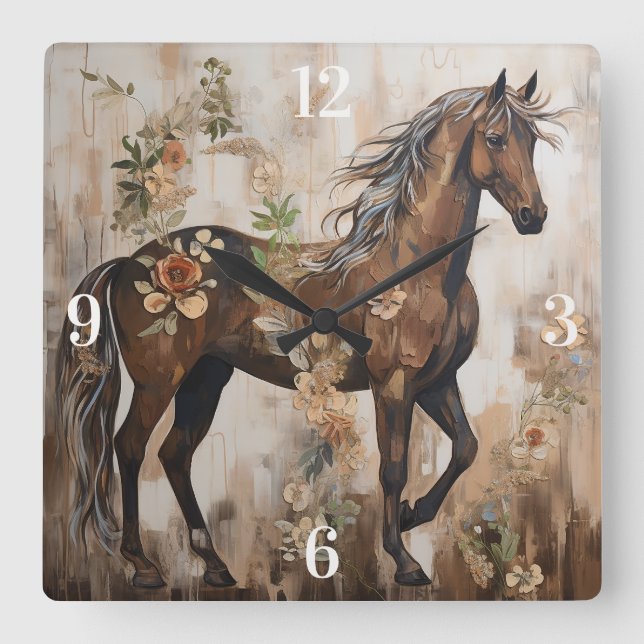 Reloj Cuadrado Pintura de caballo floral de bonito (Anverso)