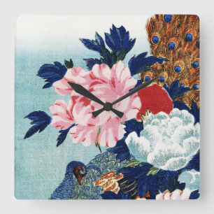 Reloj Cuadrado Pintura de flores de pavo real y peonías vintage