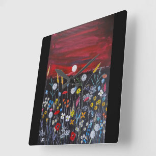 Reloj Cuadrado Pintura de flores silvestres al atardecer de Alfre
