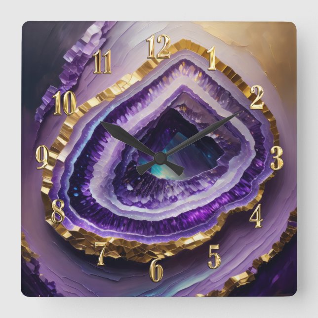 Reloj Cuadrado Pintura de Geode morado y oro (Anverso)