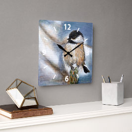 Reloj Cuadrado Pintura de invierno de Chickadee Cute