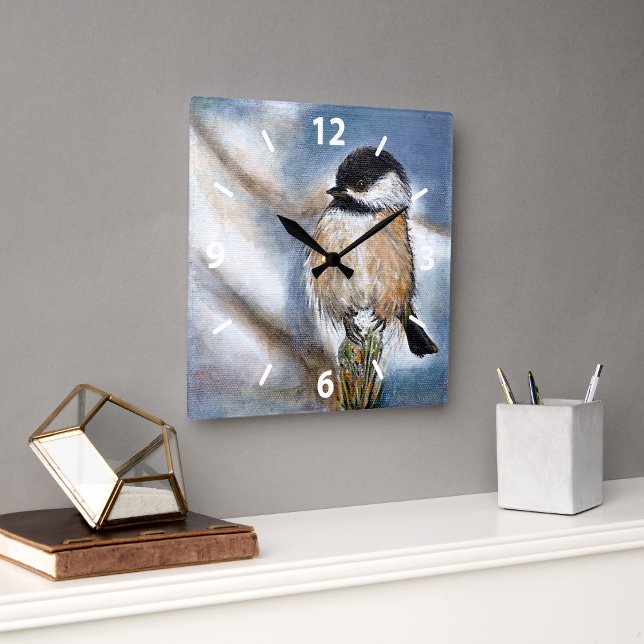 Reloj Cuadrado Pintura de invierno de Chickadee Cute (Chickadee Cute Winter Painting Square Wall Clock from Jenn's Emporium. )