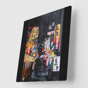 Reloj Cuadrado Pintura de la lluvia de Tokio por Alfred Fox