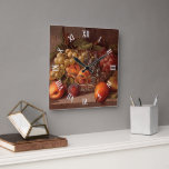 Reloj Cuadrado Pintura de la vida de la colorida antigua de la fr<br><div class="desc">Diseño único, clásico, moderno, bonito y decorativo disponible en una amplia gama de productos. Con una hermosa y colorida pintura de uvas verdes, rojas y azules, peras, melocotones y ciruelas. Este diseño contemporáneo ha sido concebido para los amantes de la comida y la fruta, así como de los cuadros antiguos...</div>