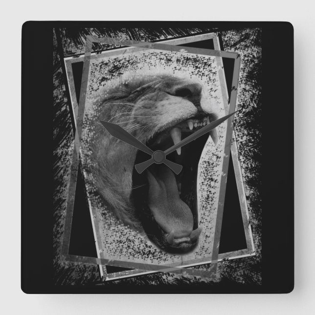 Reloj Cuadrado pintura de león en blanco y negro  (Anverso)