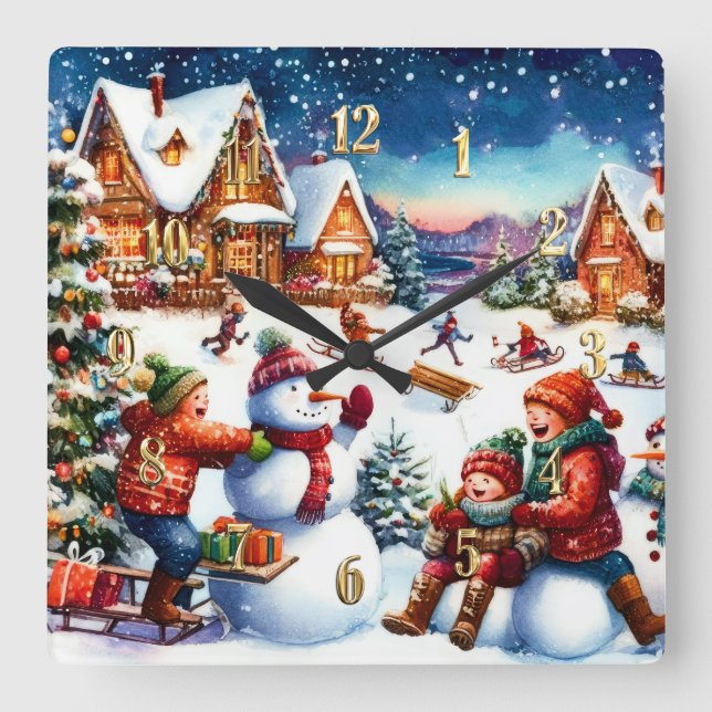 Reloj Cuadrado Pintura de niños Invierno divertidos hombres de ni (Anverso)