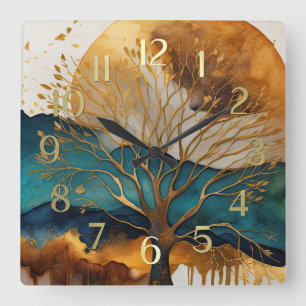 Reloj Cuadrado Pintura de paisaje abstracto oro óxido azul