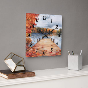 Reloj Cuadrado Pintura de paisaje de árboles y lago de otoño