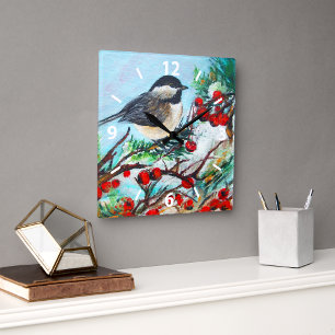 Reloj Cuadrado Pintura de pájaro de invierno dulce de pollo