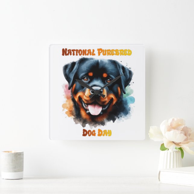 Reloj Cuadrado Pintura de Rottweiler del Día Nacional del Perro d (Hogar)