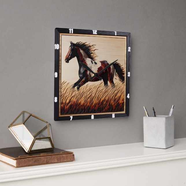 Reloj Cuadrado Pintura de Trote: Sol de Campo de Madera Personali (Oficina)