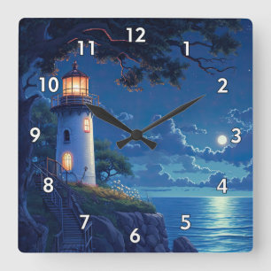 Reloj Cuadrado Pintura digital de un faro en la luna