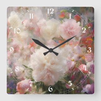 Reloj Cuadrado Pintura en acuarela de peonías blancas y rosas