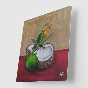 Reloj Cuadrado Pintura Fiesta Tropical de Lovebird por Alfred Fox