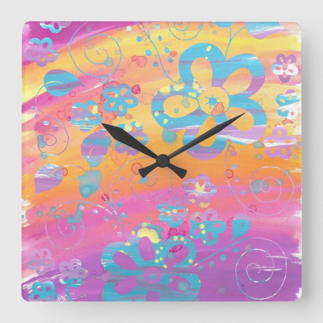 Reloj Cuadrado Pintura floral colorida (Anverso)