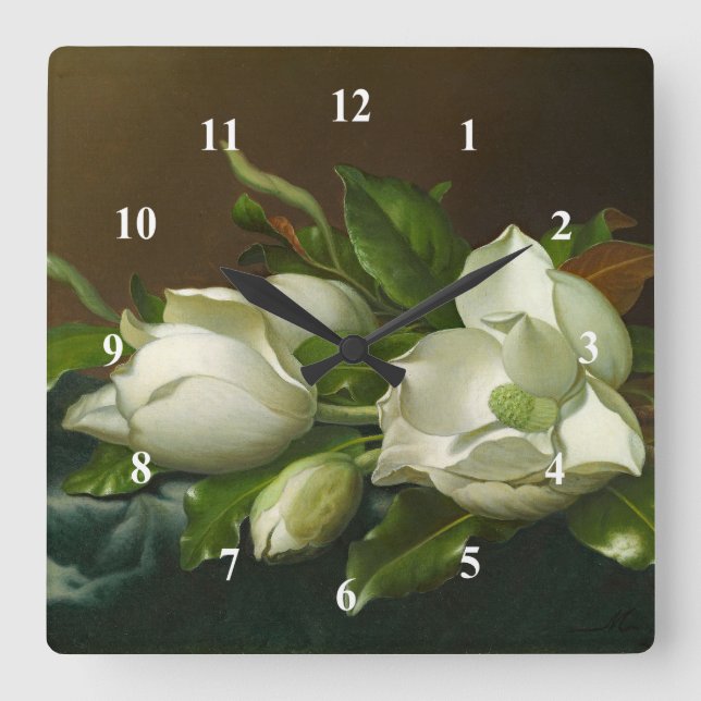 Reloj Cuadrado Pintura floral de Heade Magnolias (Anverso)