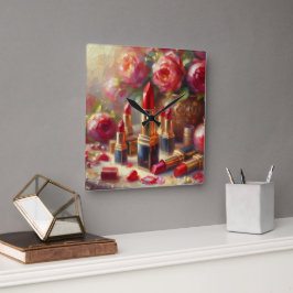 Reloj Cuadrado Pintura impresionista con lápiz labial y flores